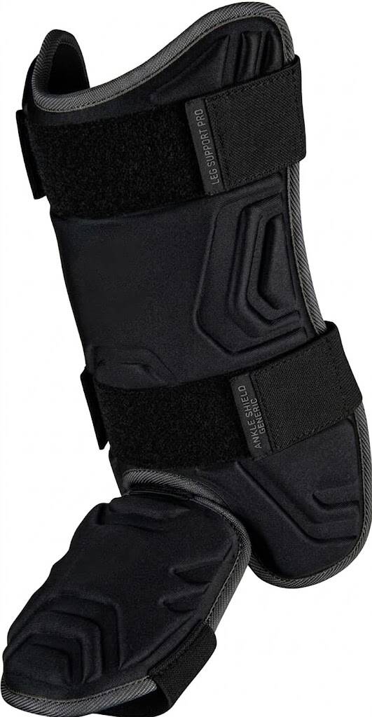 Black and grey padded batter's leg guard with adjustable straps and foot protection.