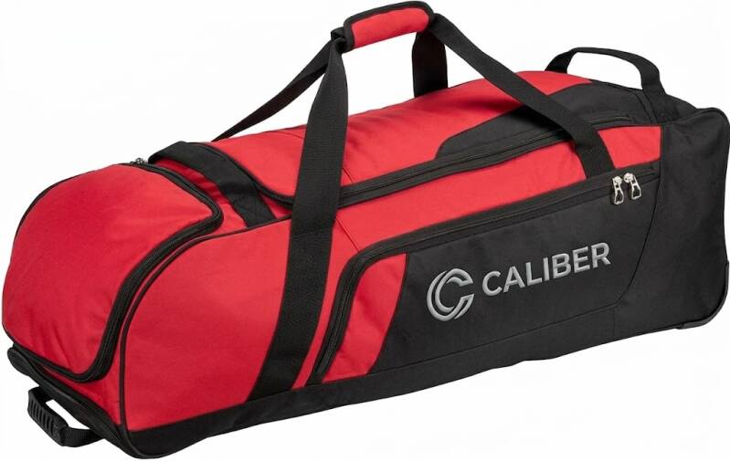 A large, red and black wheeled duffel bag with various compartments and zippers, featuring the word "CALIBER" and a stylized "C" logo on the side.