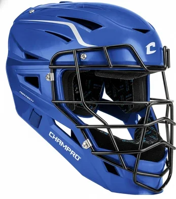 CHAMPRO Cannon Catcher's Helmet displayed showing its hockey-style ABS shell construction and integrated flat-bar carbon steel faceguard for competitive catchers.