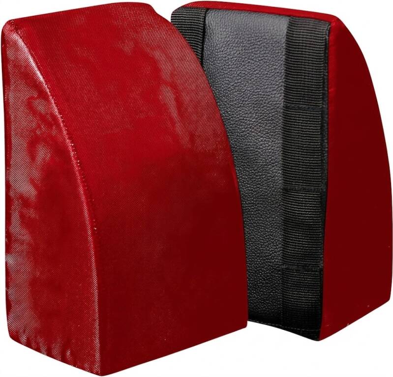 Leg guard pair in red and black, wedge-shaped, on a white background.