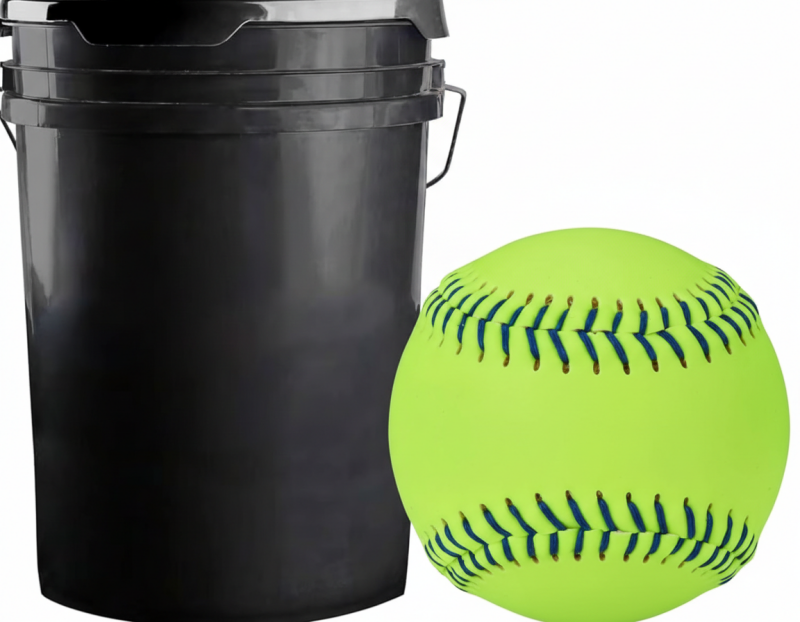 Champro CSB43 11-inch USSSA-approved game softballs with durahide cover in a black bucket.