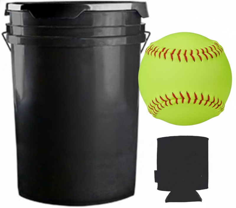 Champro CSB65 12-inch practice softballs with durahide cover stored in a black Champro bucket for team training.
