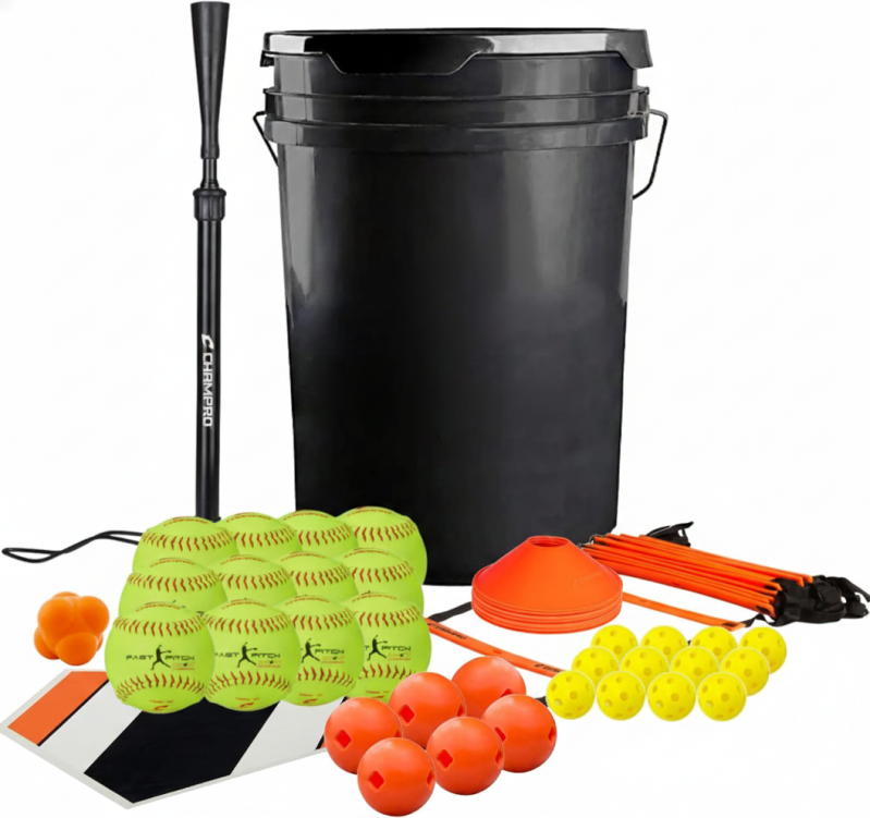 Champro Fastpitch Masters home training 6-gallon bucket with softballs for fastpitch practice and skill development.