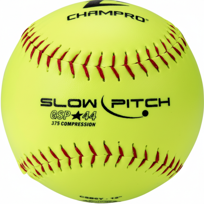Champro ASA slow pitch 12-inch softballs with .44 COR, 375 compression, poly synthetic cover, and red stitches.