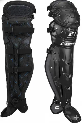 CHAMPRO Optimus Pro Catcher Umpire Leg Guards showing articulated panel construction and adjustment strap system on a neutral background.
