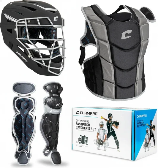 CHAMPRO Optimus Pro Fastpitch Catcher's Kit displayed showing its fastpitch-specific winged chest protector and NOCSAE certified helmet for young fastpitch softball catchers.