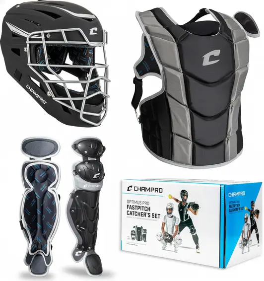 CHAMPRO Optimus Pro fastpitch catcher's kit with fastpitch-specific helmet, chest protector, and leg guards on a neutral background.