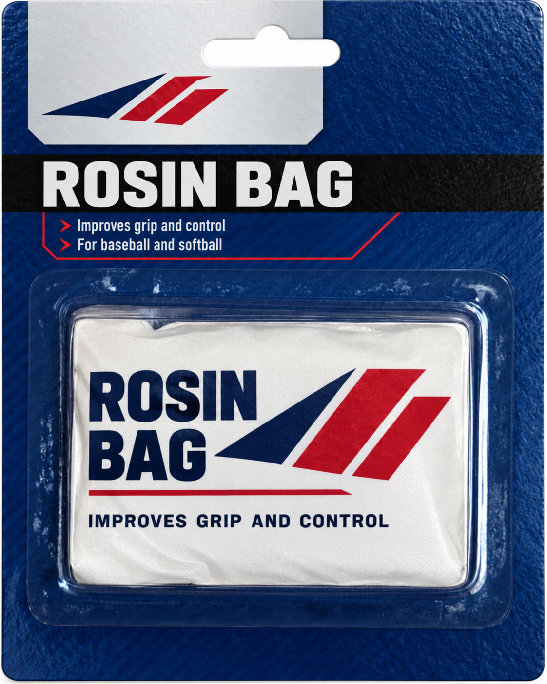 Rosin bag by Champro, white pouch sealed in a clear blister on a blue card.