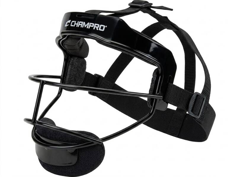 Champro Sentry Softball Fielder's Facemask displayed showing its steel wire cage construction and adjustable strap system on a neutral background.