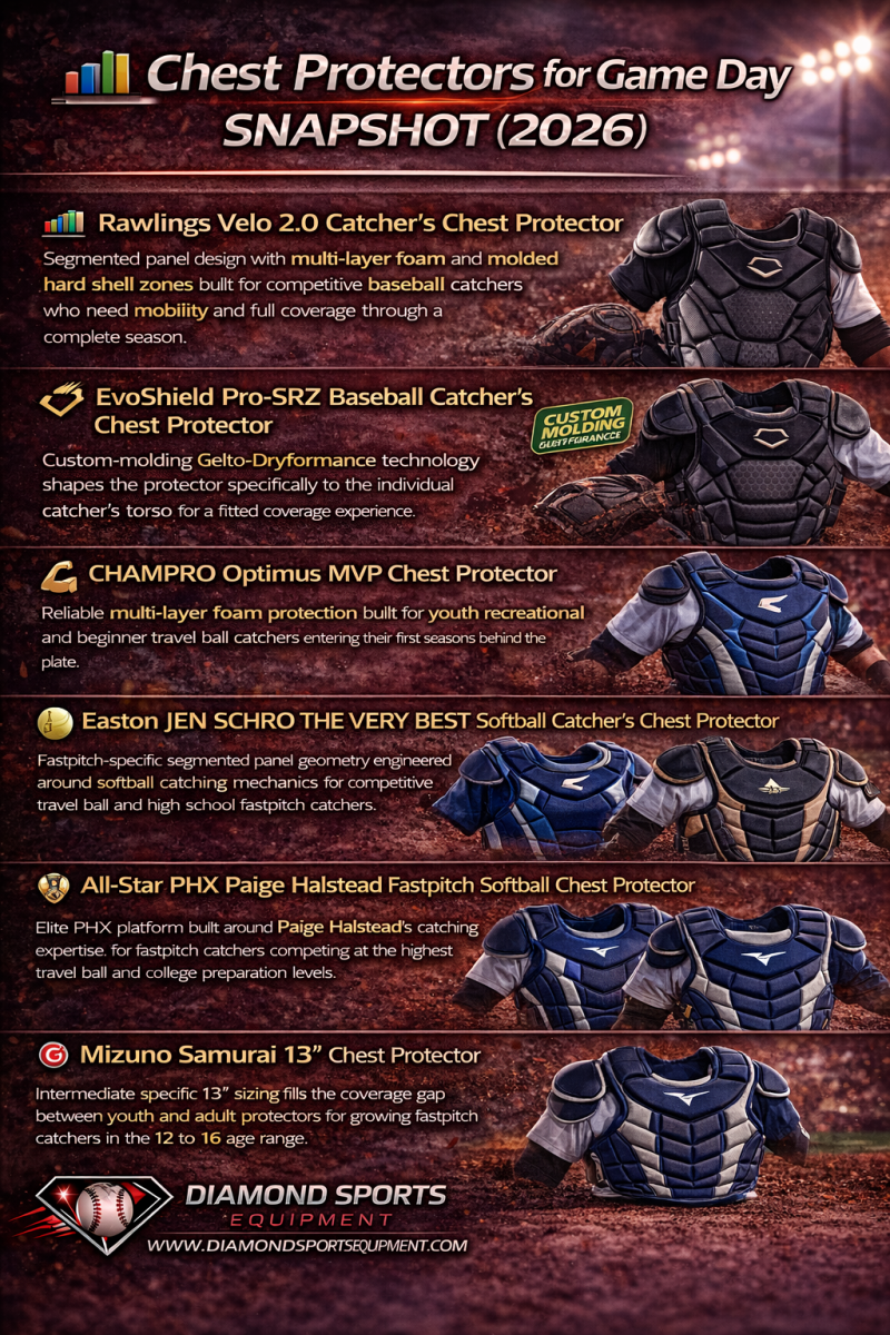 Chest protectors snapshot infographic featuring six 2026 catcher’s chest protectors including Rawlings Velo 2.0, EvoShield Pro-SRZ, CHAMPRO Optimus MVP, Easton Jen Schro The Very Best, All-Star PHX Paige Halstead, and Mizuno Samurai 13-inch with Diamond S