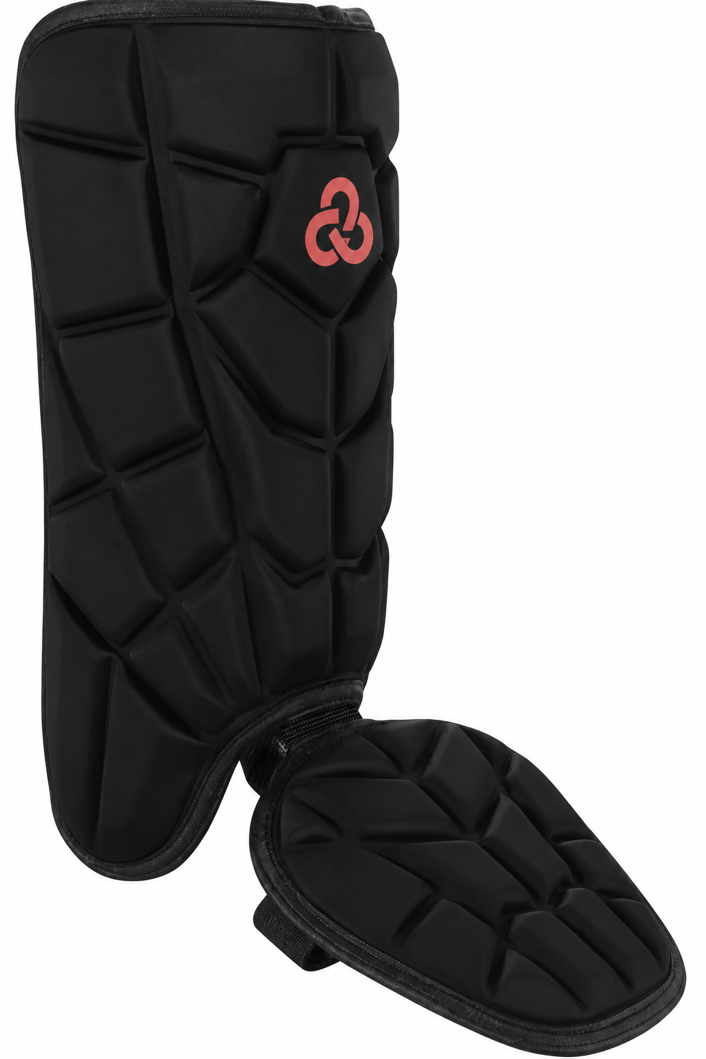 Baseball leg guard by Cienfy, in black with a hinged foot guard.