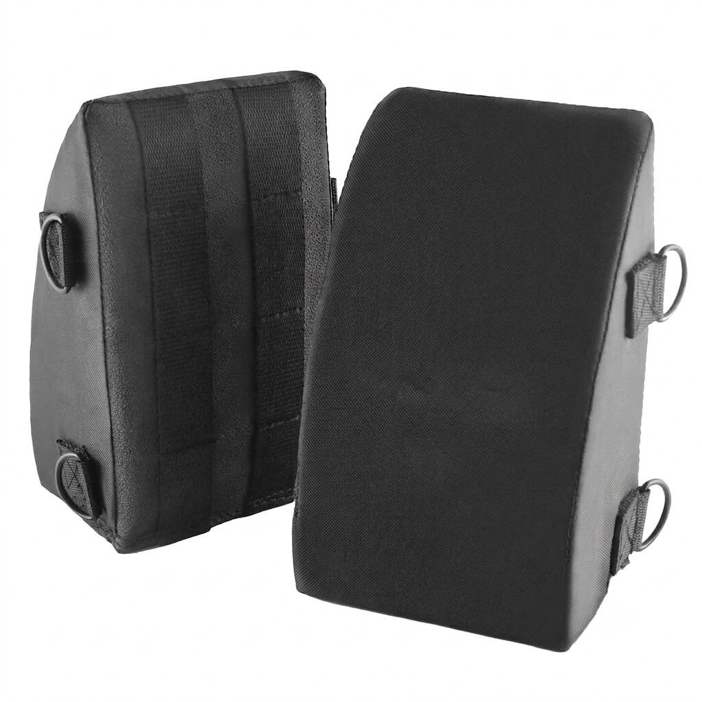 Clocean catcher knee savers in black, padded wedge pair with D-ring clips for leg guard attachment.
