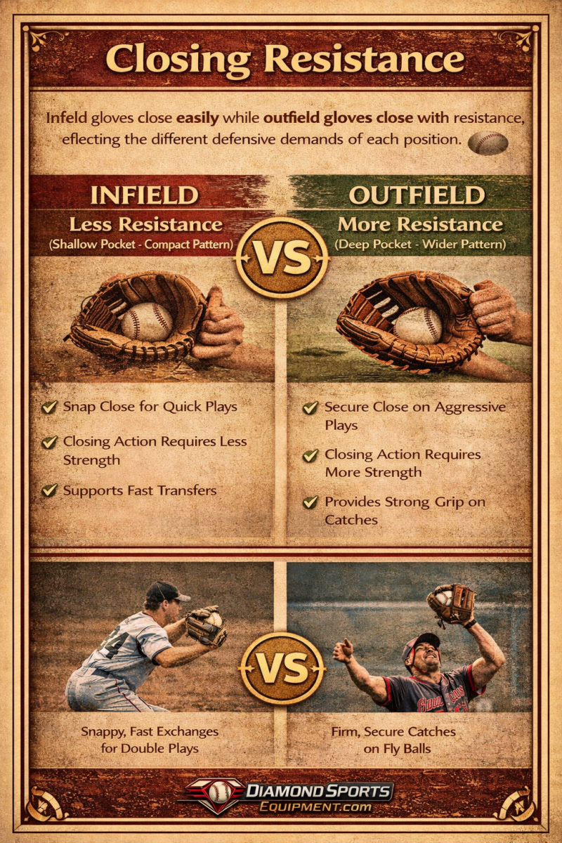 Closing resistance comparison infographic showing how infield gloves close quickly with less resistance and outfield gloves close with more resistance for secure catches