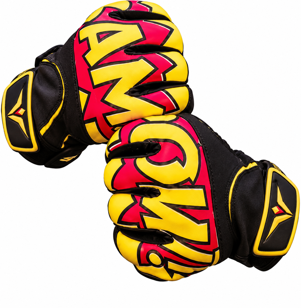 Batting gloves by Clutch Sports Apparel, in yellow and pink comic print.
