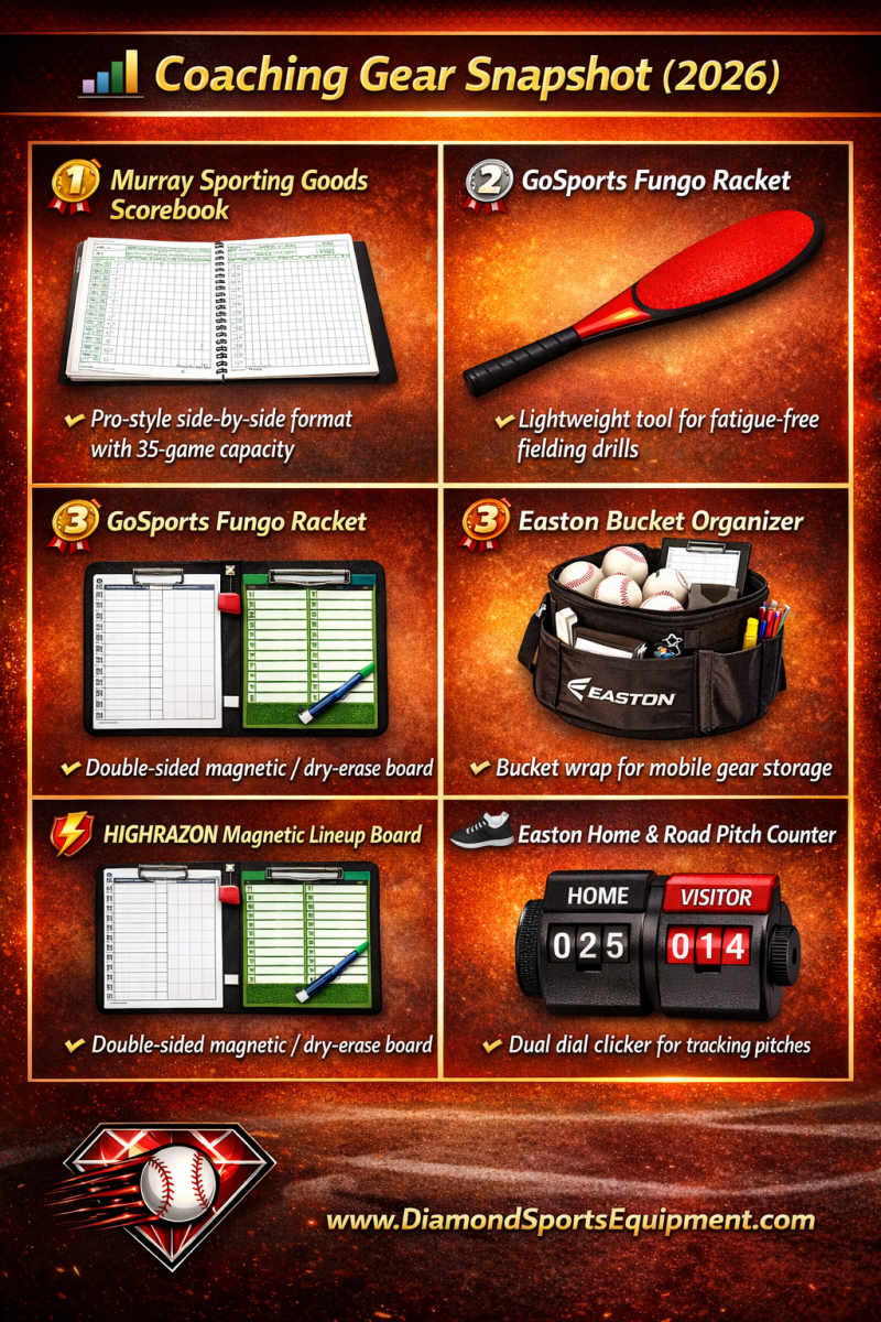 Baseball coaching gear infographic showing a scorebook, fungo racket, bucket organizer, lineup board, first aid kit, and pitch counter with Diamond Sports Equipment branding.