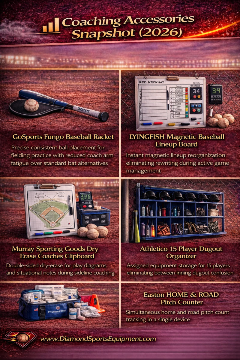 Best coaching accessories for baseball and softball featuring fungo racket, magnetic lineup board, coaching clipboard, first aid kit, dugout organizer, and pitch counter.