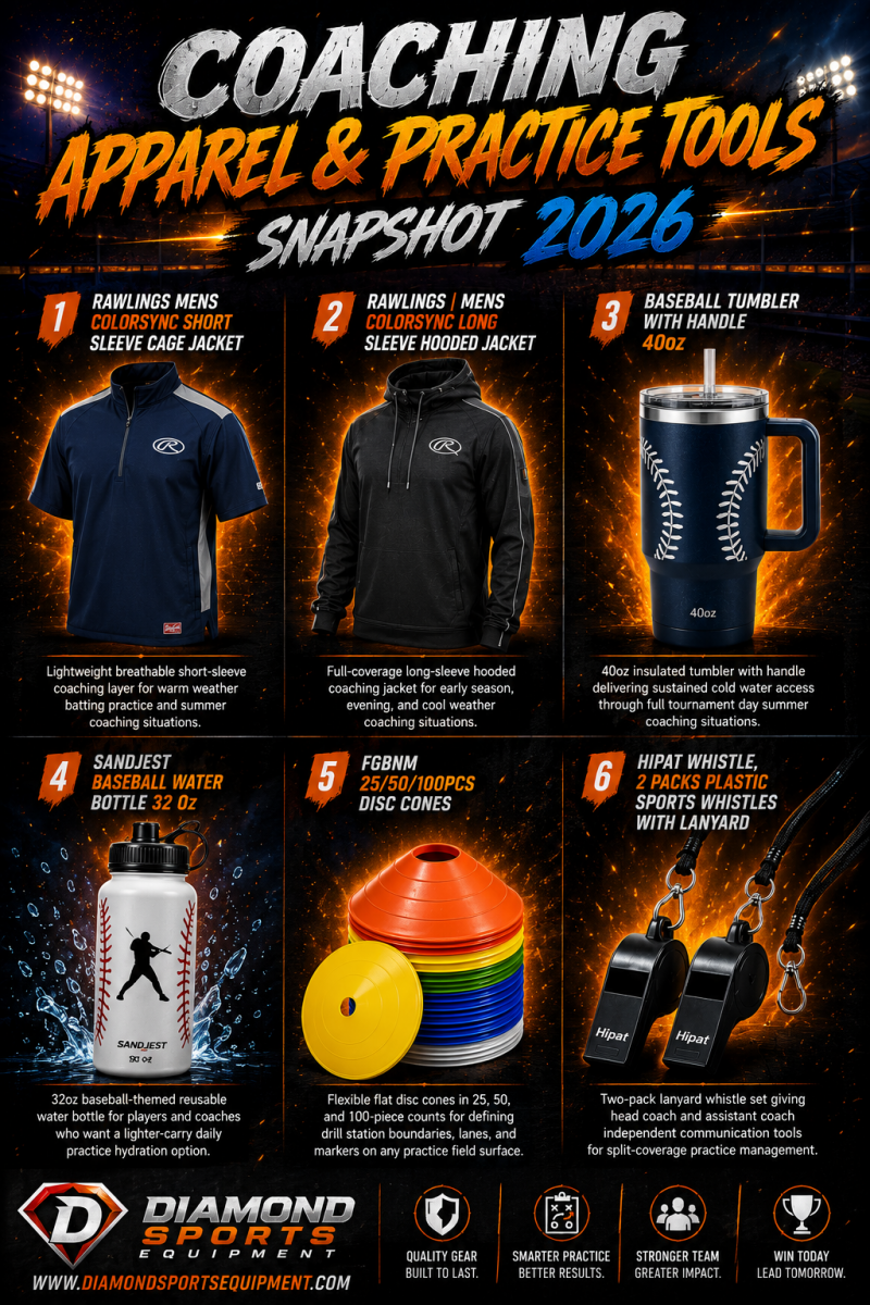 Coaching Apparel & Practice Tools Snapshot (2026) featuring coaching jackets, insulated tumblers, reusable baseball water bottles, disc cones, and sports whistles in a dramatic cosmic stadium-style baseball training graphic.