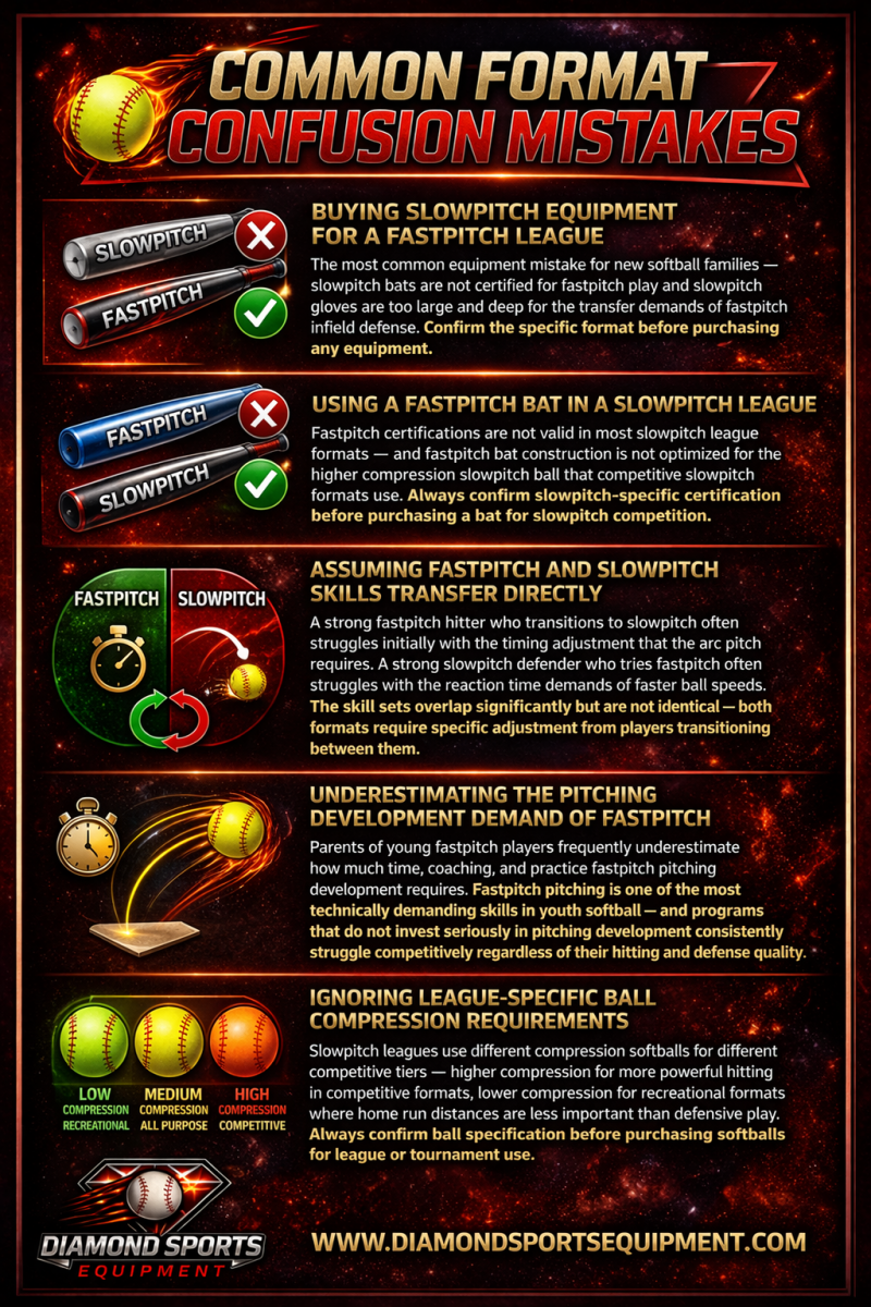 Softball equipment mistakes infographic highlighting incorrect bat, glove, and ball choices across leagues.
