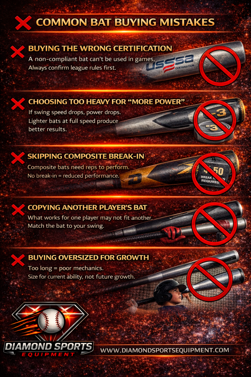 Baseball bat buying mistakes infographic showing five common errors with short descriptions on a fiery cosmic background with Diamond Sports Equipment logo and website