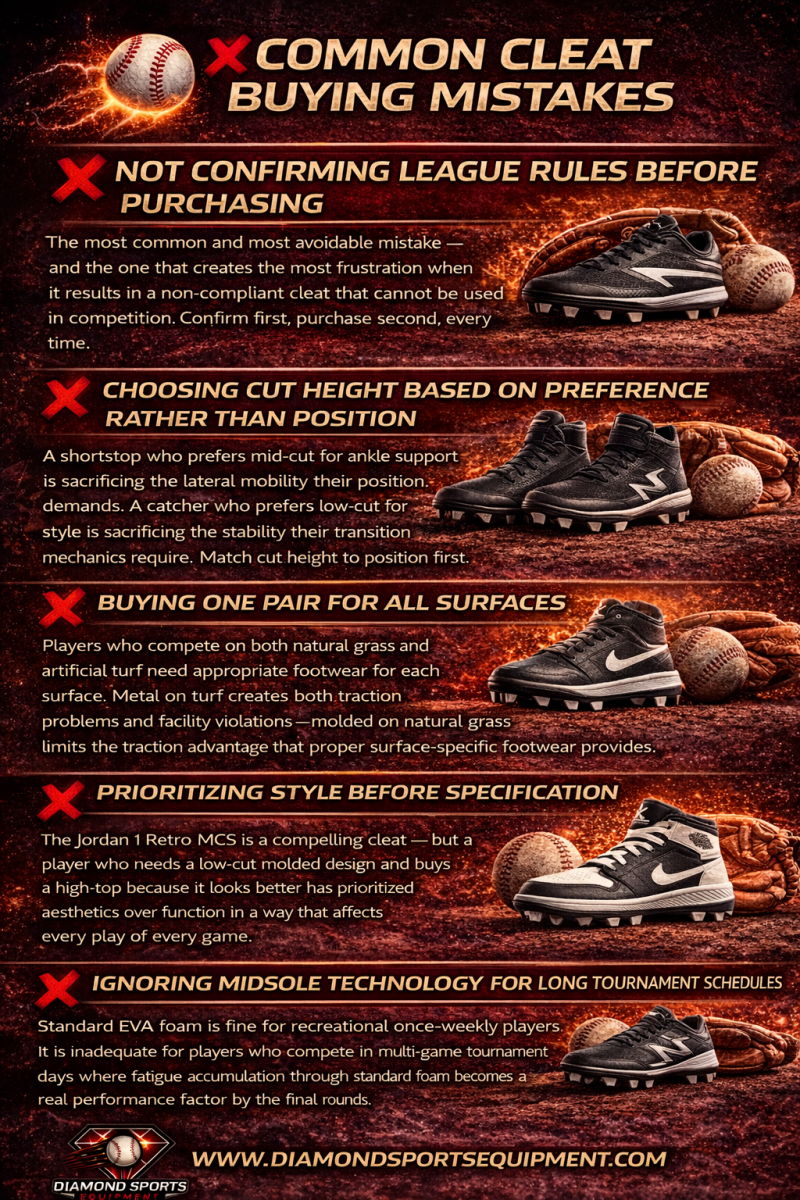 Common cleat buying mistakes infographic highlighting errors like ignoring league rules, wrong cut height, using one pair for all surfaces, prioritizing style, and skipping midsole technology for long schedules