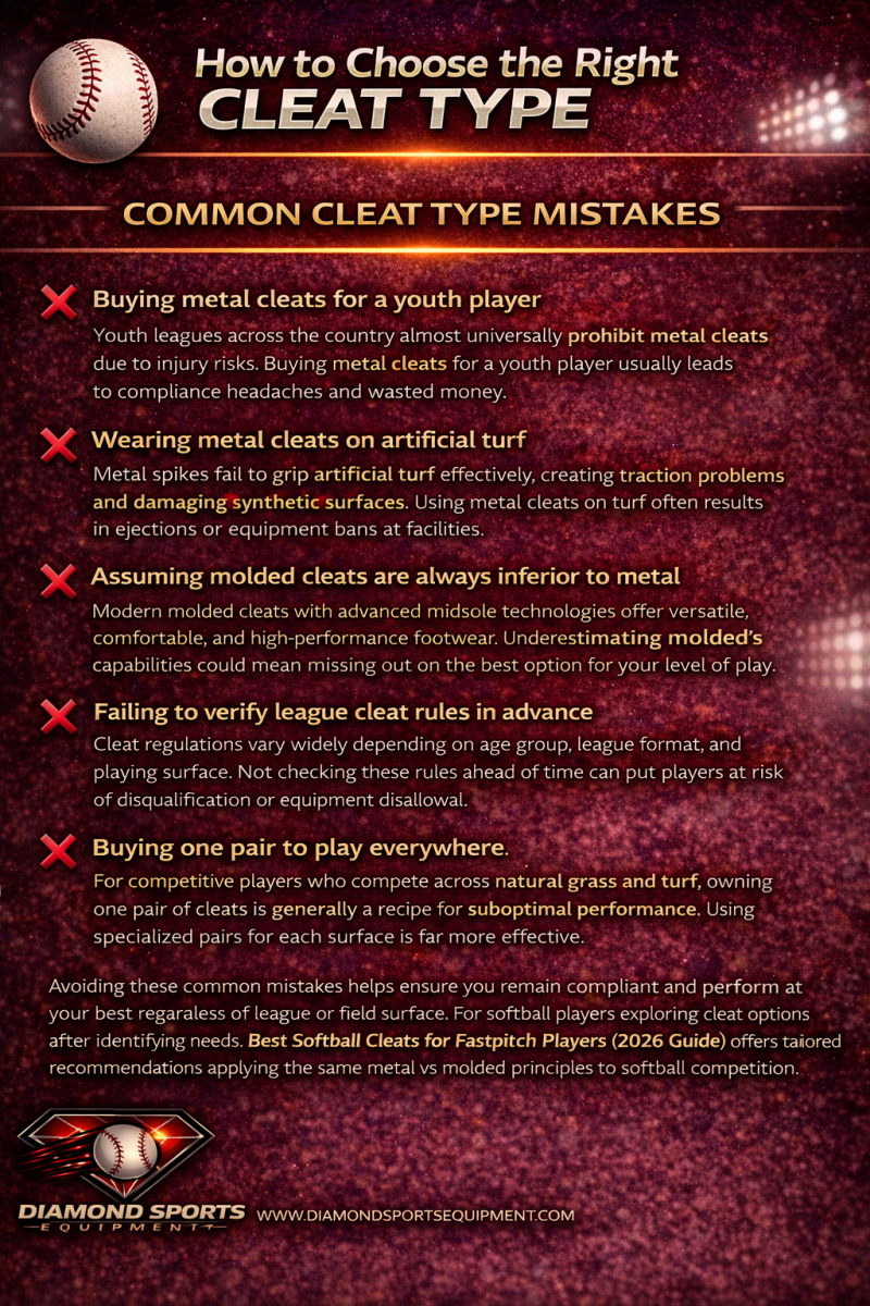 Baseball cleat mistakes infographic highlighting common errors when choosing metal vs molded cleats