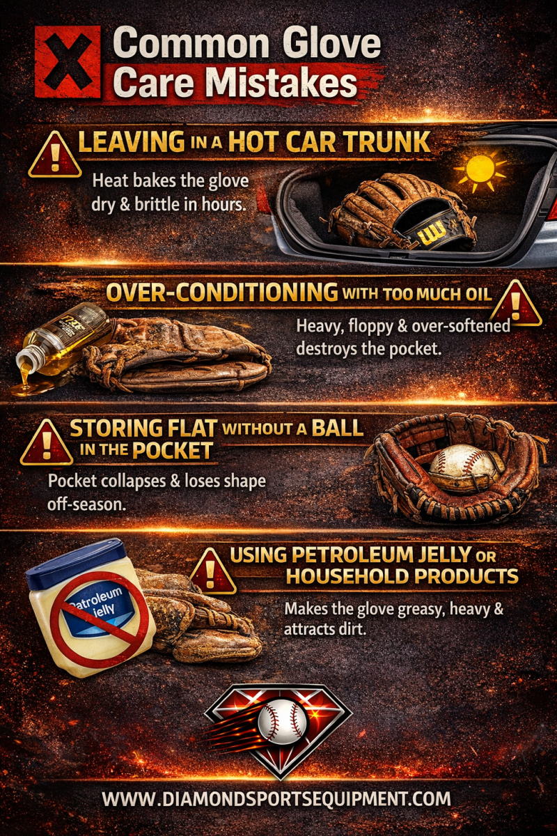 Baseball glove mistakes infographic showing heat damage, over-conditioning, improper storage, and poor cleaning habits