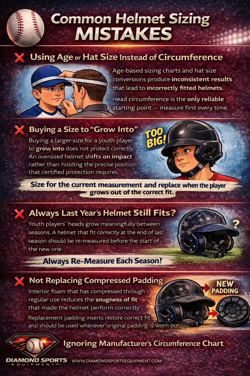 Baseball helmet sizing mistakes infographic showing incorrect sizing methods and fit issues