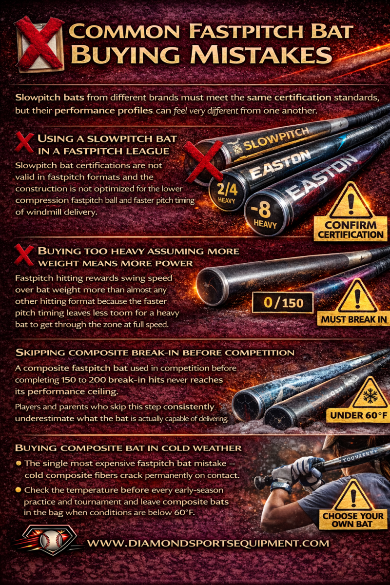 Fastpitch bat buying mistakes infographic covering certification errors, improper weight selection, skipped break-in, cold weather use, and poor player fit decisions.