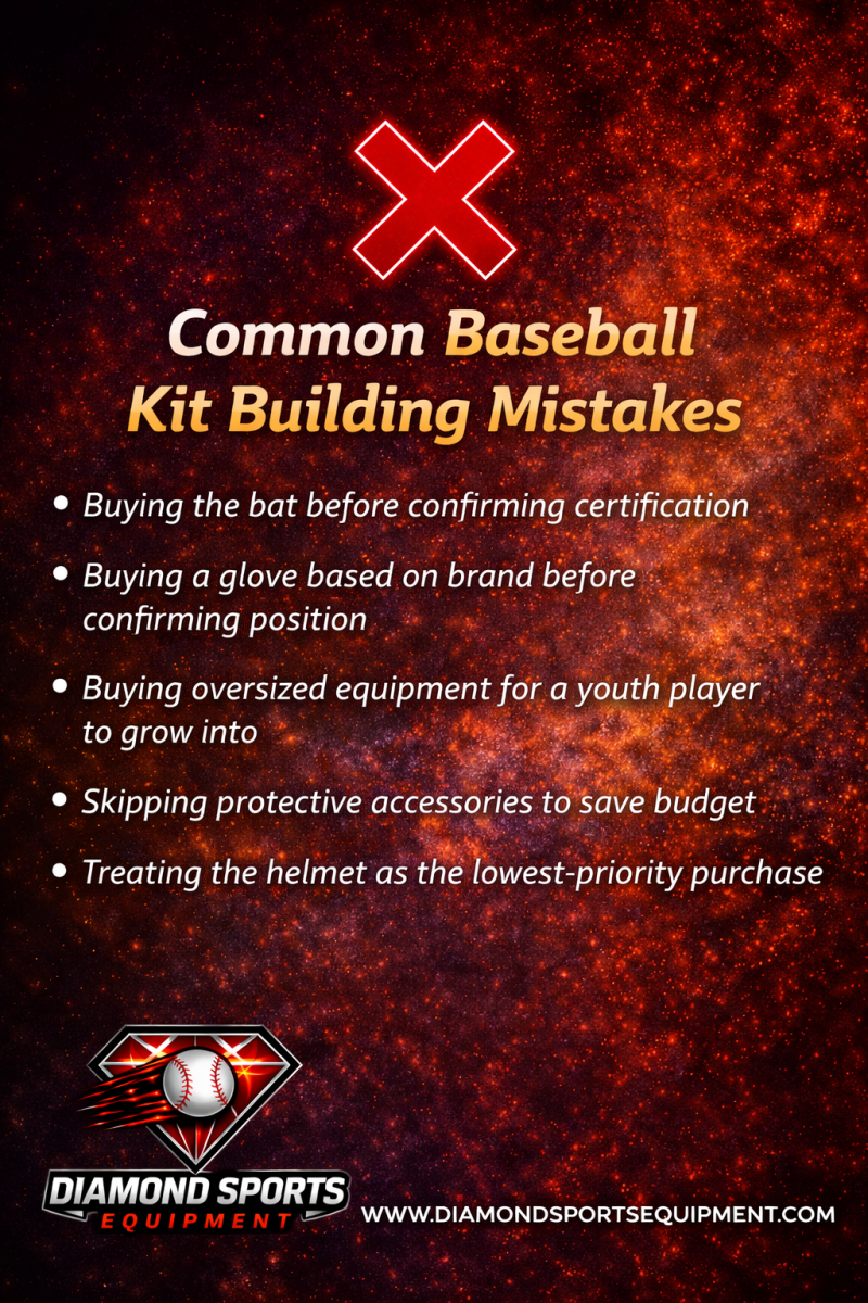 Common baseball kit building mistakes infographic with checklist and red X on cosmic background