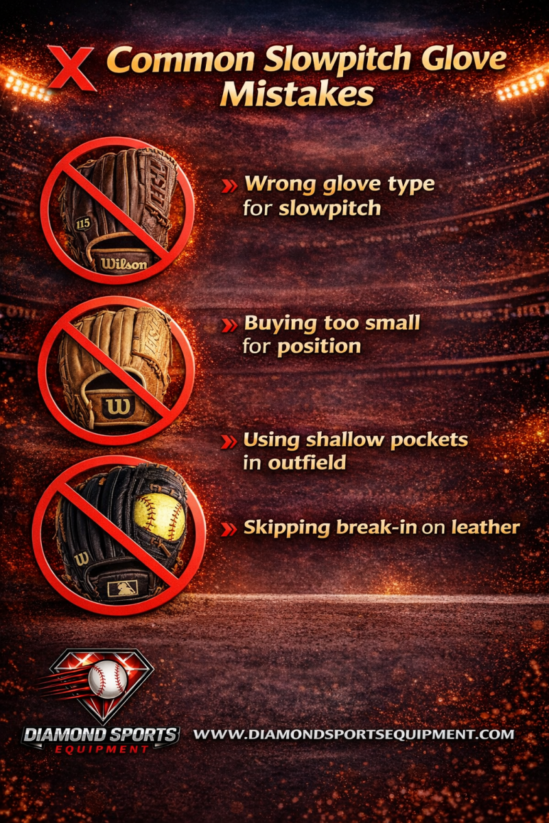 Slowpitch softball glove mistakes infographic showing incorrect glove types, small sizing, shallow pockets, and skipped break-in with red warning symbols.