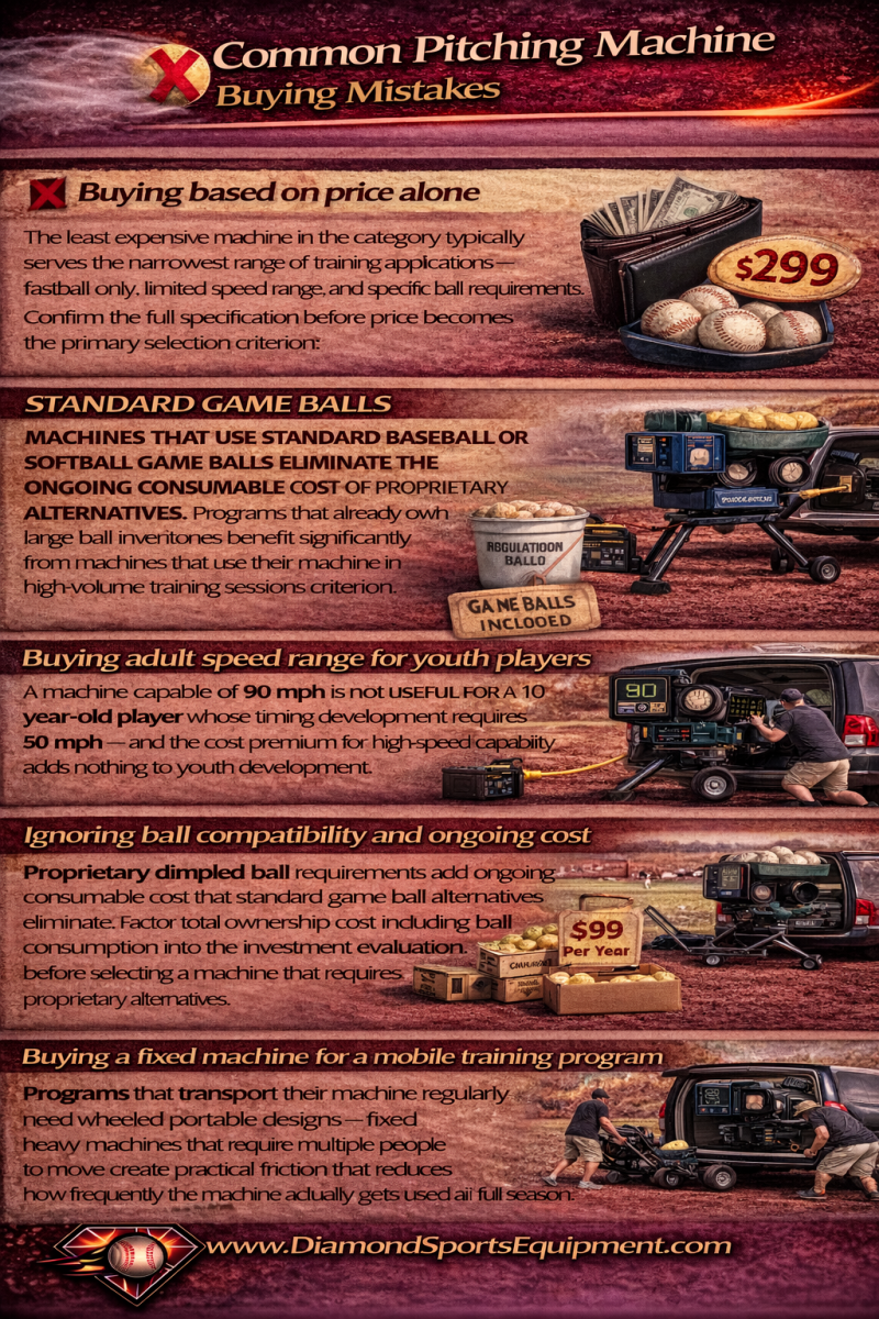Pitching machine buying mistakes infographic highlighting pricing errors, power source issues, incorrect speed selection, ball compatibility costs, and portability problems.