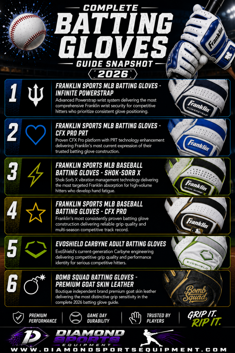Complete batting gloves guide snapshot featuring six premium batting glove models for baseball and softball hitters in 2026.