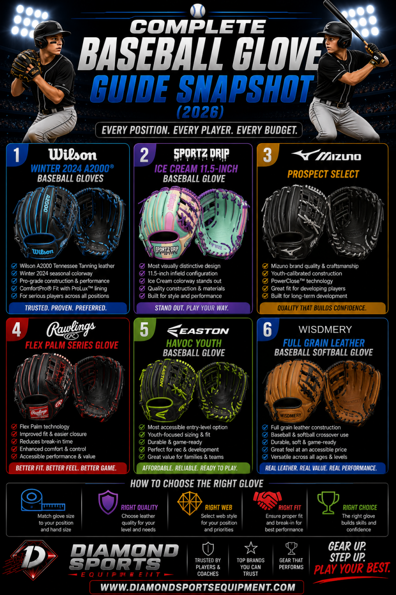 Complete baseball glove guide snapshot showing six gloves in a two-row grid on a dark stadium background with Diamond Sports Equipment branding.