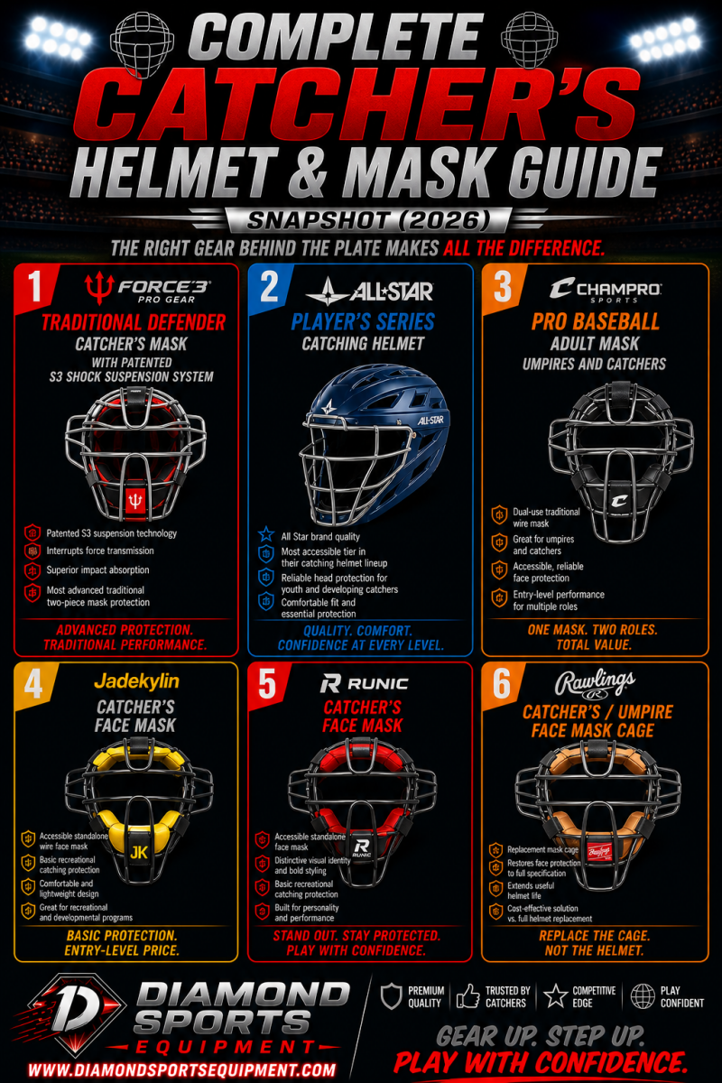 Complete catcher’s helmet and mask guide snapshot showing six masks and helmets in varied colors on a dark background with Diamond Sports Equipment branding.