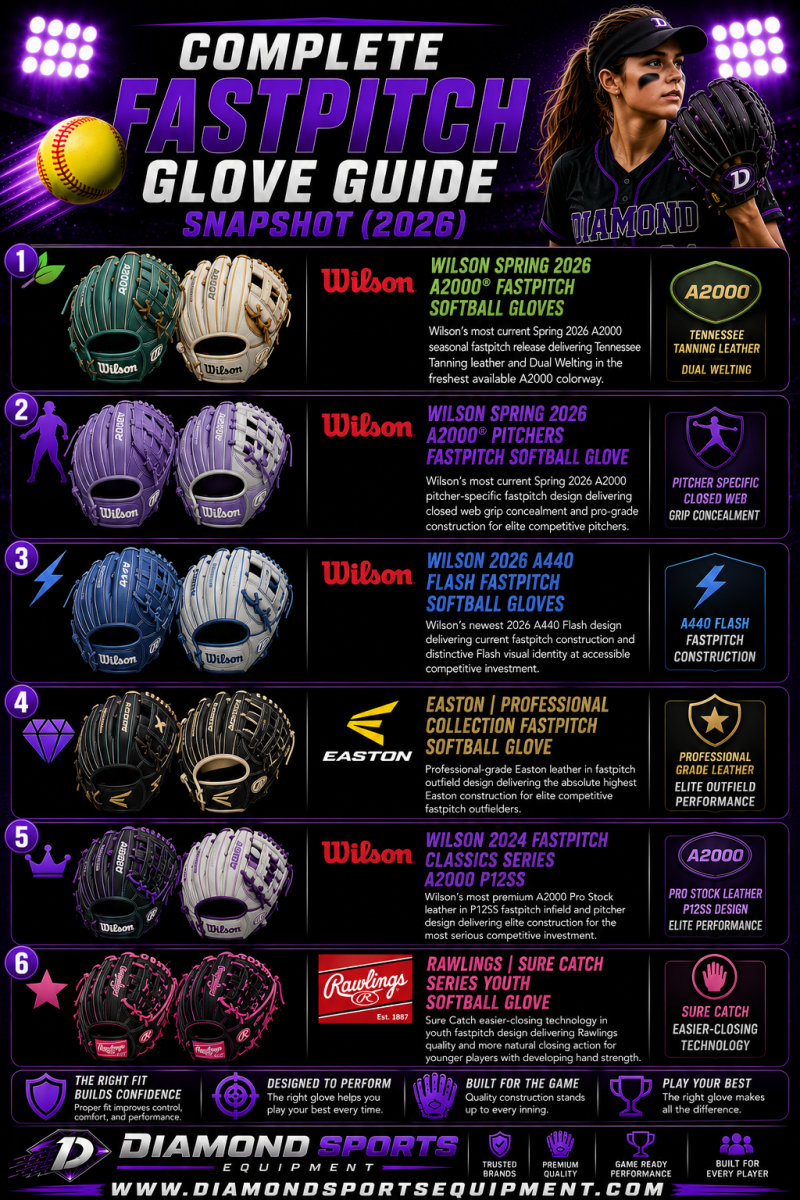 Complete fastpitch glove guide snapshot showing six softball gloves in a vertical comparison layout on a purple stadium background with Diamond Sports Equipment branding and bright white website URL.