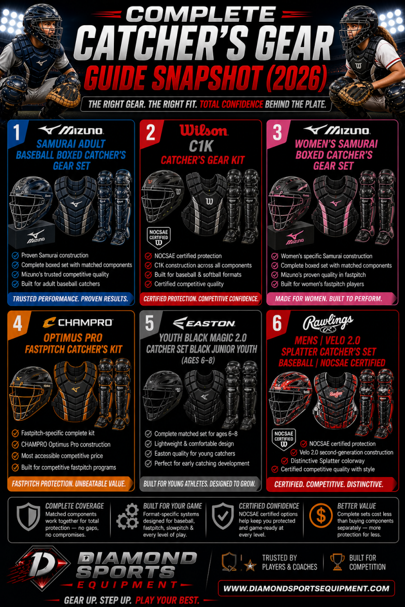 Complete catcher’s gear guide snapshot showing six full gear sets in a two-row grid on a dark stadium background with Diamond Sports Equipment branding.