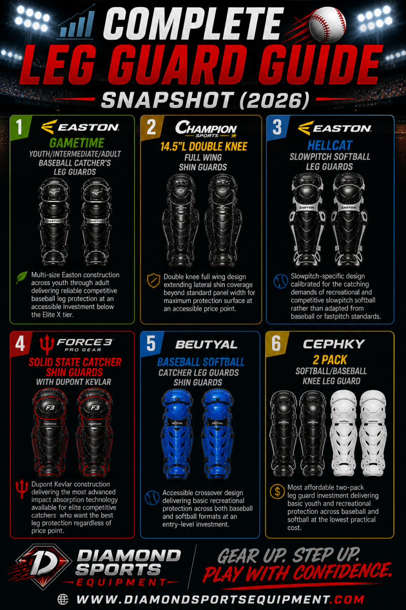 Complete catcher’s leg guard guide snapshot infographic showing six leg guard models in a clean two-row grid on a dark stadium background with Diamond Sports Equipment branding and URL in the bottom left.