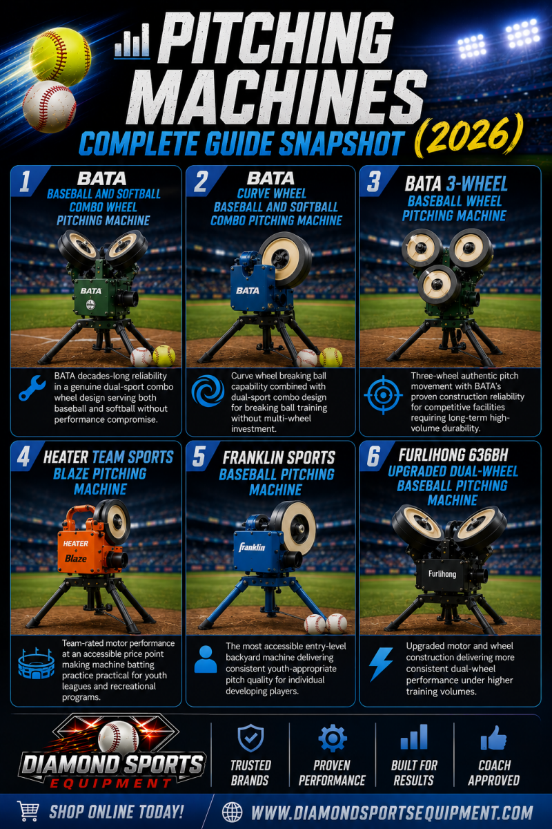 Pitching Machines Complete Guide Snapshot (2026) featuring BATA, Heater Blaze, Franklin Sports, and Furlihong pitching machines with Diamond Sports Equipment branding.