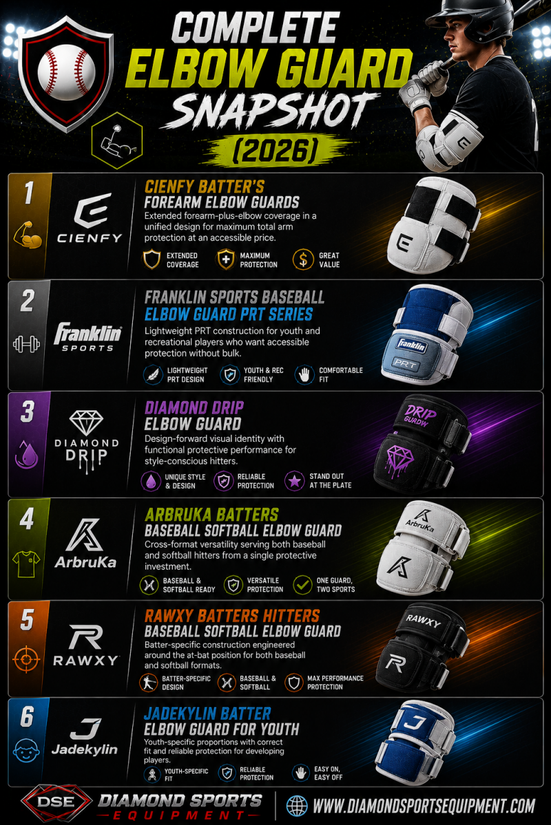 Complete Elbow Guard Snapshot infographic featuring Cienfy, Franklin Sports, Diamond Drip, ArbruKa, Rawxy, and Jadekylin elbow guards on a dark stadium-style background.