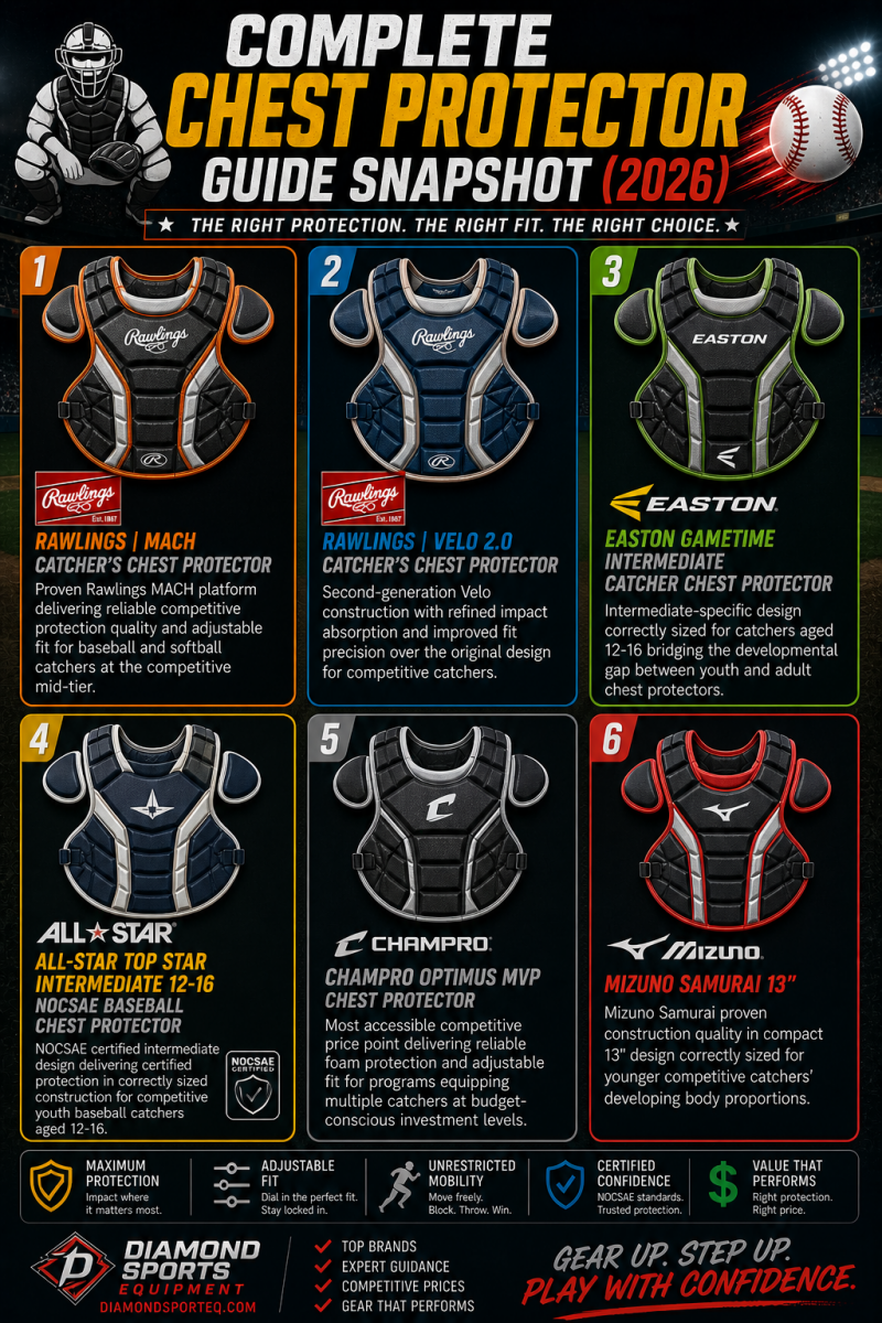 Complete chest protector guide snapshot infographic showing six protectors in a clean 2x3 grid on a dark stadium background with product names and Diamond Sports Equipment logo and URL in the bottom left.