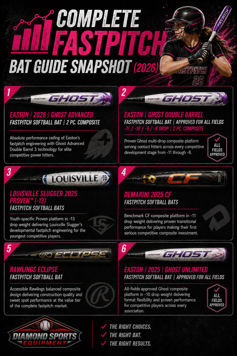 Complete fastpitch bat guide snapshot infographic showing six bats in a clean 2x3 layout with product names and Diamond Sports Equipment logo and URL in the bottom left.