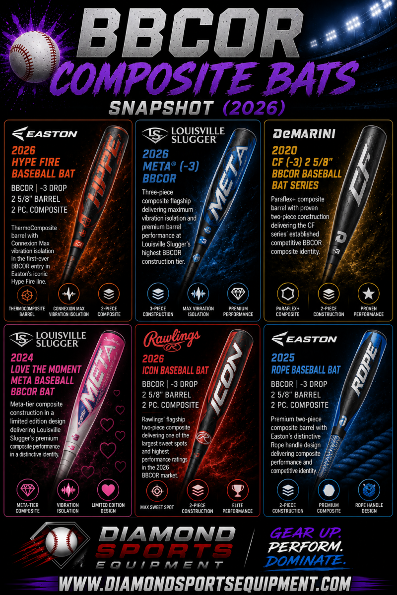 Easton Hype Fire BBCOR, Louisville Slugger Meta BBCOR, DeMarini CF BBCOR, Louisville Slugger Love The Moment Meta BBCOR, Rawlings ICON BBCOR, and Easton Rope BBCOR composite baseball bats comparison snapshot.