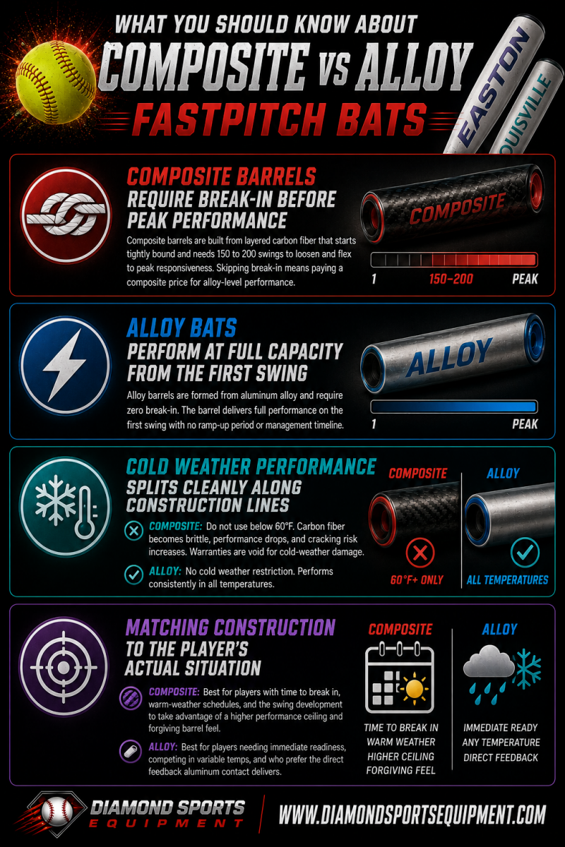 Composite vs alloy fastpitch bat infographic featuring Rawlings Mantra 3.0, Easton Firefly, Easton Crystal, Louisville Slugger Diva, Easton Sapphire, and Rawlings Eclipse fastpitch softball bats.