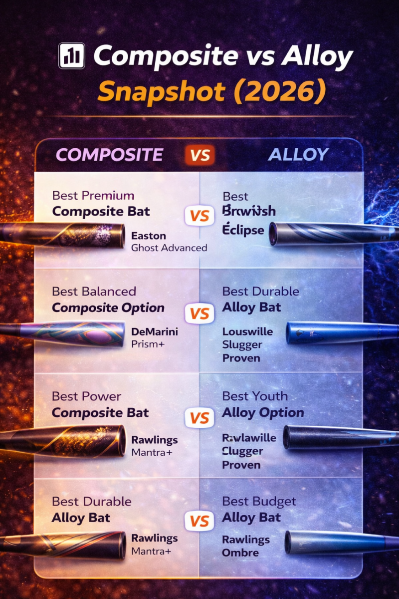 Infographic summarizing the best composite and alloy fastpitch softball bats including Easton Ghost Advanced, DeMarini Prism+, Rawlings Mantra+, Rawlings Eclipse, Louisville Slugger Proven, and Rawlings Ombre.