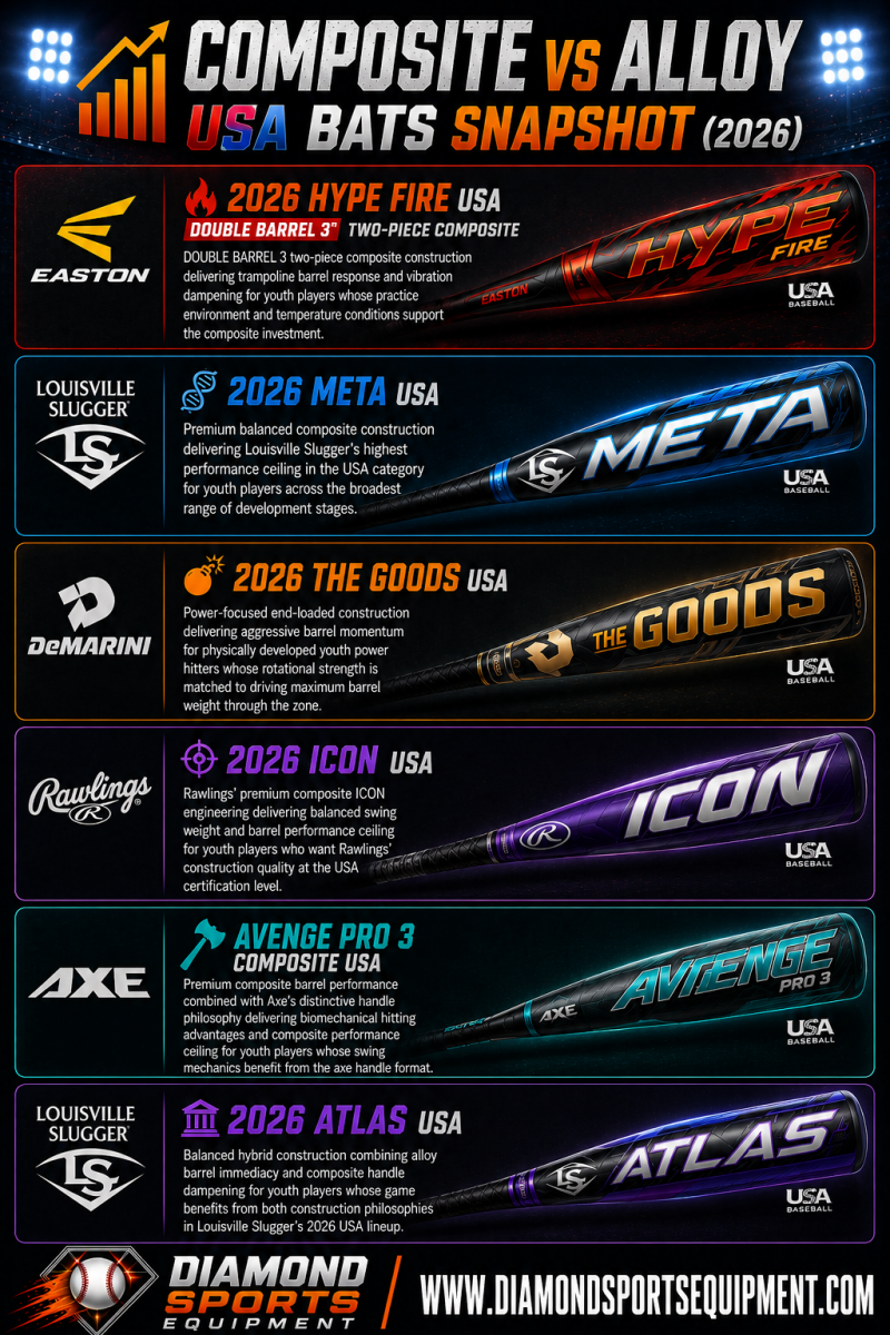 Composite vs alloy USA bat snapshot featuring Easton Hype Fire USA, Louisville Slugger Meta USA, DeMarini The Goods USA, Rawlings ICON USA, Axe Avenge Pro 3 USA, and Louisville Slugger Atlas USA baseball bats.