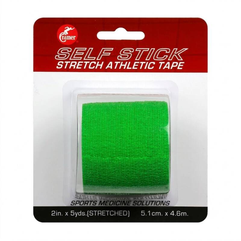 Cramer Eco-Flex Self-Stick Stretch Tape, Neon Green, 2" x 5 yd, a single roll of neon green self-stick stretch tape.