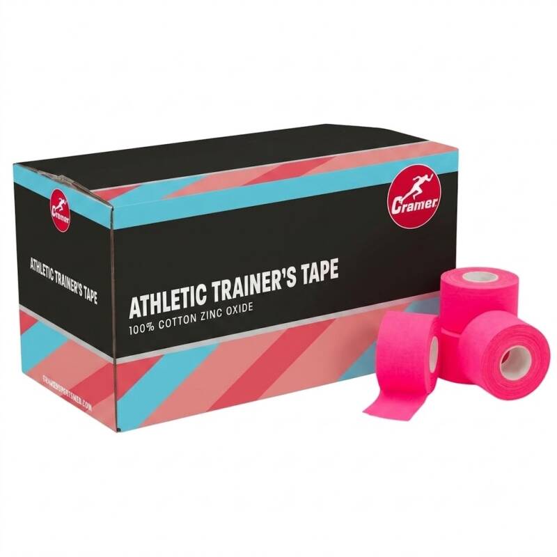 Cramer Team Color Athletic Tape, Pink, Latex-Free, 1.5" x 10yds, 32 Roll Bulk Case, pink athletic tape rolls shown in their bulk case packaging.