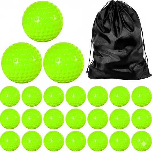 Deekin 24 PCS Pitching Machine Softballs displayed showing their dimpled plastic construction and high-volume 24-piece training design.