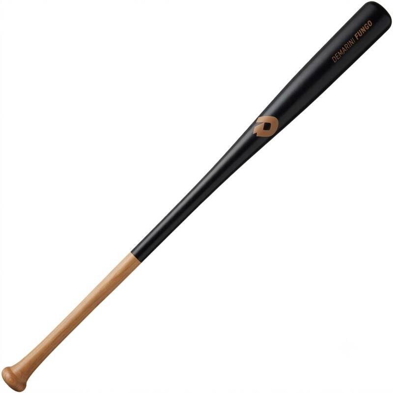 DeMarini 2018 Wood Fungo Bat in natural wood with the DeMarini logo, a balanced fungo for hitting grounders and fly balls.