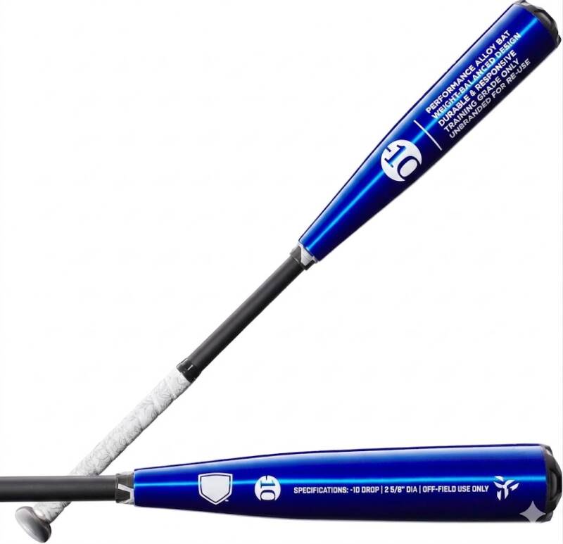 DeMarini 2023 The Goods USA Baseball Bat displayed showing its two piece hybrid construction and 2 5/8 inch barrel in drop 10 USA certified design on a neutral background.